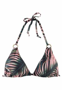 Trokutasti bikini top v črni barvi s tropskim listnatim vzorcem v zeleni in rožnati; ima nastavljive vrvice in kovinske obročaste detajle.