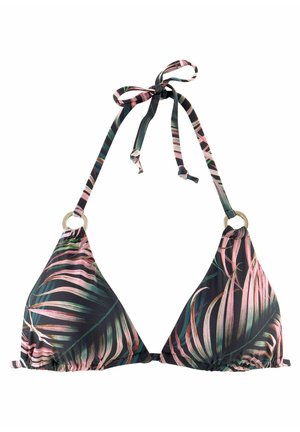 Driehoek bikini top in zwart met een tropisch bladmotief in groen en roze; heeft verstelbare banden en metalen ringaccenten.