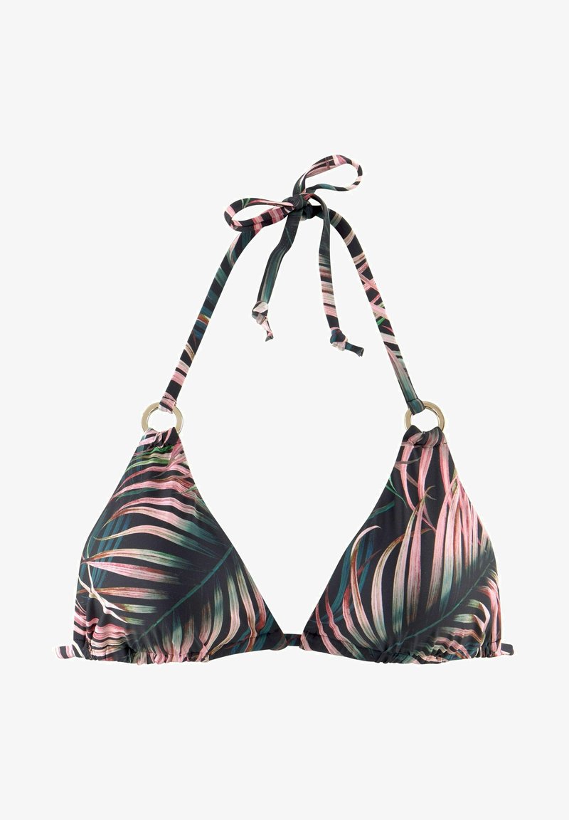 Juodos trikampio formos bikinio viršus su tropinių lapų raštu žaliai ir rožine spalvomis; turi reguliuojamus raištelius ir metalinius žiedų akcentus.