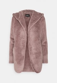 Cardigan morbido e felpato, con cappuccio, in delicato tessuto color malva, con apertura frontale e maniche lunghe, caratterizzato da una texture pelosa e senza chiusure visibili.