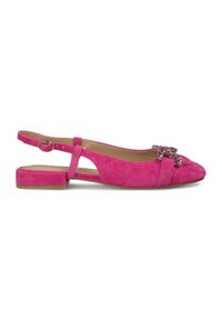 Ballerine slingback in suede rosa con tacco basso a blocco, caratterizzate da un accento decorativo di strass sulla punta e cinturino alla caviglia regolabile.