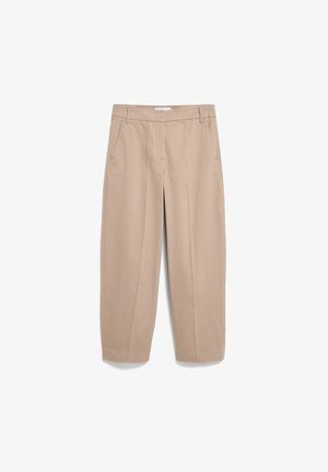 Beige katoenen broek met een recht model, voorzien van twee voorzakken en gestikte details langs de naden.