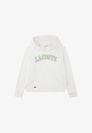 Felpa bianca con cappuccio, tasca frontale e scritta verde "LACOSTE" arcuata sul petto, piccolo logo di coccodrillo verde vicino all'orlo della tasca.