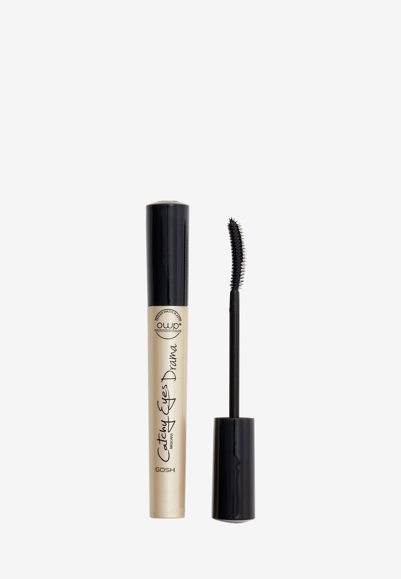 Tubetto di mascara nero con accenti e etichetta in oro. L'applicatore a pennello incluso ha un design affusolato con punte corte simili a setole.