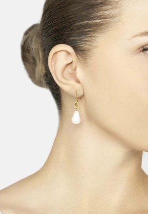 Gold hoop earrings featuring a pear-shaped white pearl drop, with a textured, beaded design on the hoop.