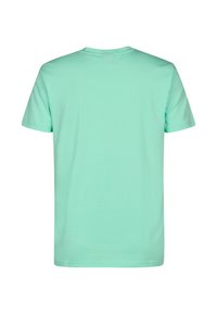 Minzgrünes Baumwoll-T-Shirt mit kurzen Ärmeln, Rundhalsausschnitt und glatter Textur. Keine sichtbaren Muster oder Verzierungen.