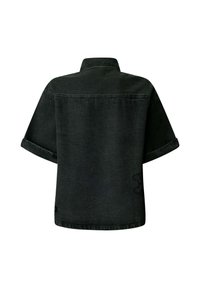 Schwarzes Jeanshemd mit kurzen Ärmeln, umgeschlagenen Manschetten und geradem Saum, von hinten gezeigt mit einfachem Kragen und minimalen Nähdetails.