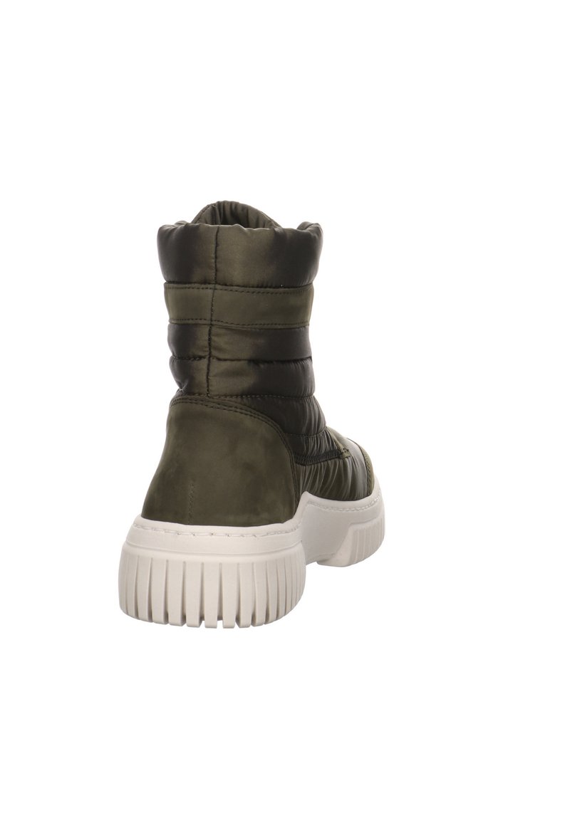 Gedämpfte grüne Knöchelstiefel mit glatter Textur, ausgestattet mit einer weißen Gummisohle und horizontalen Nähten im oberen Bereich.