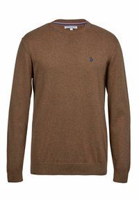 Ruskea neulepaita, jossa on pyöreä pääntie, pitkät hihat, ribbineulotut hihansuut ja helma, sekä pieni sininen logo rinnassa.