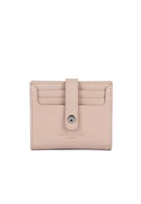 Leather card holder in soft pink, featuring a front flap with snap closure, multiple card slots, and embossed brand logo. Smooth texture.