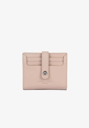 Leather card holder in soft pink, featuring a front flap with snap closure, multiple card slots, and embossed brand logo. Smooth texture.