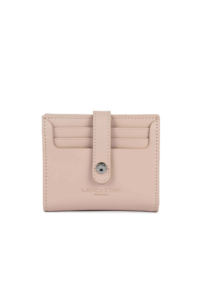 Leather card holder in soft pink, featuring a front flap with snap closure, multiple card slots, and embossed brand logo. Smooth texture.