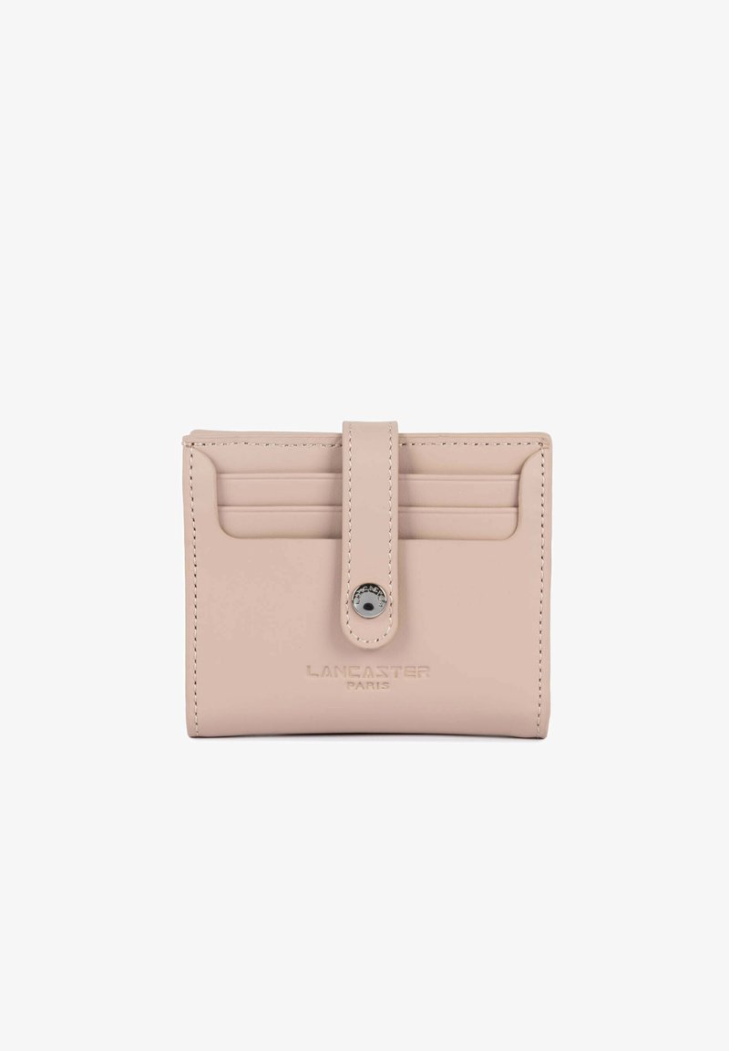 Leather card holder in soft pink, featuring a front flap with snap closure, multiple card slots, and embossed brand logo. Smooth texture.