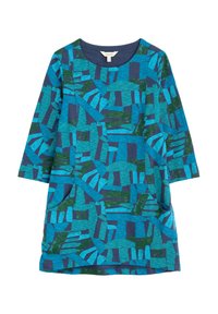 Blå och grön abstrakt geometrisk mönstrad tunika med trekvartsärmar och två framfickor.