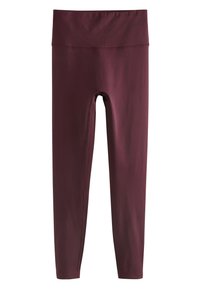 Bordeauxrote Leggings mit hohem Bund, gefertigt aus glattem, elastischem Stoff, mit nahtlosem Design und figurbetonter Silhouette.