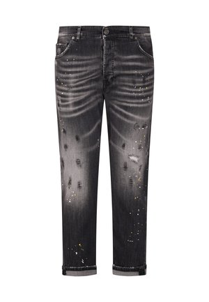 Schwarz verwaschene Denim-Jeans mit Used-Effekten, Farbspritzern, aufgekrempelten Säumen und Fünf-Taschen-Design, vorne auf weißem Hintergrund dargestellt.