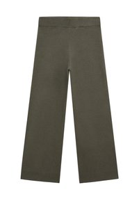Pantalon large en tricot vert olive avec taille élastique et poignets côtelés, posé à plat sur fond blanc.