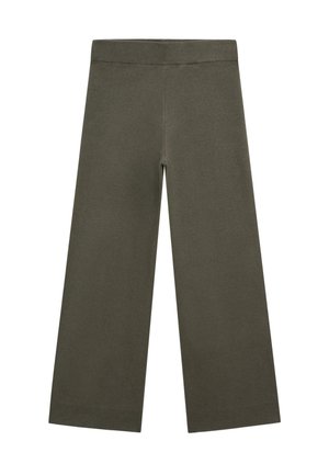 Pantalon large en tricot vert olive avec taille élastique et poignets côtelés, posé à plat sur fond blanc.