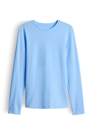 Hellblaues Langarm-T-Shirt aus weichem Stoff, mit rundem Ausschnitt und einfachem Schnitt mit geraden Ärmeln und geradem Saum.