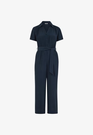 Marineblauer Kurzarm-Jumpsuit mit Knopfleiste, Kragen, strukturiertem Stoff, weitem Bein und gebundenem Stoffgürtel in der Taille.