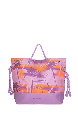 Borsa da spiaggia viola e arancione con motivo di palma, manici in corda e nome del marchio "MEFUI" sul pannello anteriore inferiore.