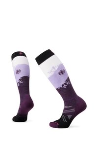 Lila und weiße knielange Socken mit Schneeflockenmuster, einem schwarzen Bündchen und einem strukturierten Design für zusätzlichen Halt und Komfort.