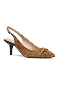 Talons slingback en imprimé léopard, fabriqués en daim, avec un embout pointu, un petit détail de boucle et un talon noir fin.