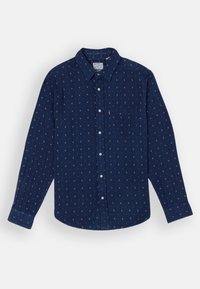 Camicia a maniche lunghe blu navy con motivo geometrico bianco, chiusura a bottoni, colletto, tasca sul lato sinistro del petto e materiale in cotone testurizzato.