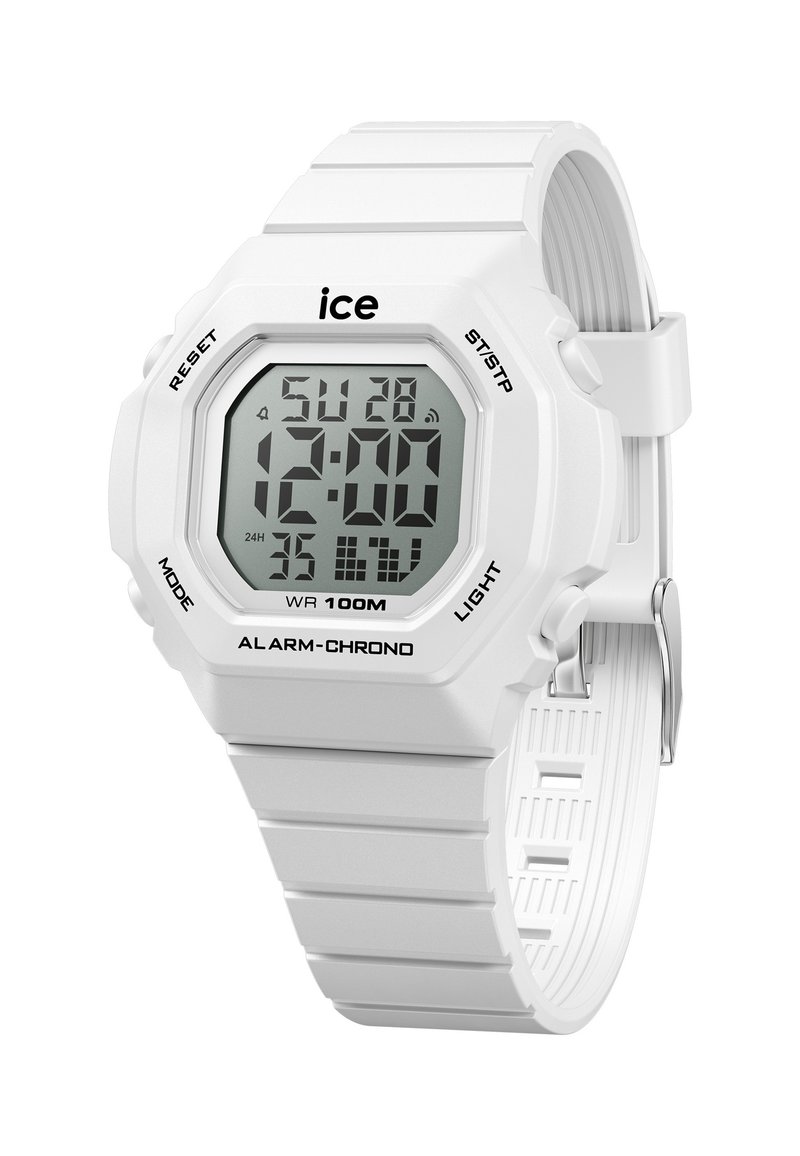 Orologio digitale da polso con cassa e cinturino in plastica bianca rettangolare, dotato di display LCD grigio, allarme, funzioni cronografo e resistenza all'acqua.
