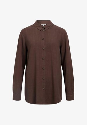 Chemise marron à manches longues avec boutons, col pointu et poignets, tissu uni et ourlet droit.