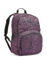 Purple and black leopard print backpack with zippered compartments, adjustable straps, and a top handle for easy carrying. Durable fabric texture.