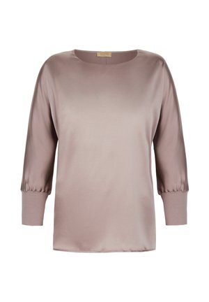 Langärmlige Bluse aus mauvefarbenem Satin mit rundem Ausschnitt, gerafften Manschetten und lockerem Schnitt.