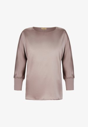 Langärmlige Bluse aus mauvefarbenem Satin mit rundem Ausschnitt, gerafften Manschetten und lockerem Schnitt.