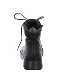 Black leather ankle boot with rounded shape, lacing detail, a zipper on the side, and a textured upper. Features a sturdy black sole.