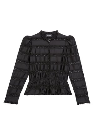 Blouse noire à manches longues avec bandes horizontales en dentelle, devant boutonné, taille froncée, col volanté et poignets aux manches.