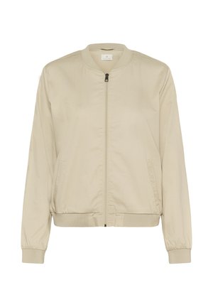 Beige bomberjakke med frontlynlås, ribstrikket krave og manchetter samt sidelommer. Glat vævning med mat overflade.