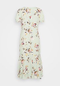 Blommönstrad klänning i mintgrön med korta ärmar, en figursydd bodice och en utsvängd kjol. Har olika färgglada blommor och löv.