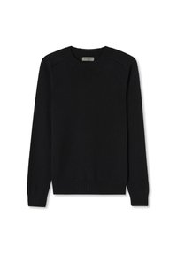 Czarny sweter wykonany z miękkiego dzianinowego materiału, z okrągłym dekoltem, długimi rękawami, prążkowanymi mankietami i dołem oraz minimalistycznym designem.