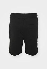 Svart bomullsshorts med elastisk midje og en enkelt baklomme. Glatt tekstur uten synlige mønstre eller detaljer.