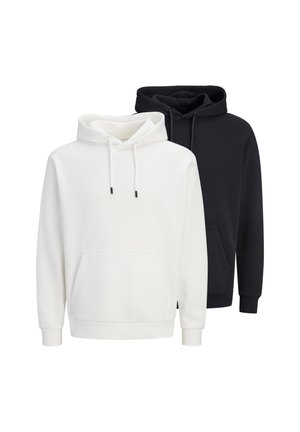 Dwie gładkie bluzy z kapturem, jedna biała i jedna czarna, wyświetlone obok siebie na białym tle.