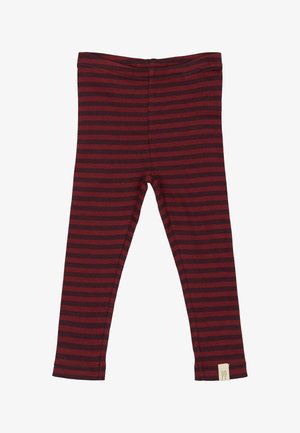 Rode en donkerrode gestreepte leggings met een elastische tailleband, gemaakt van ribstof. Bevat een klein merklabel bij de zoom.