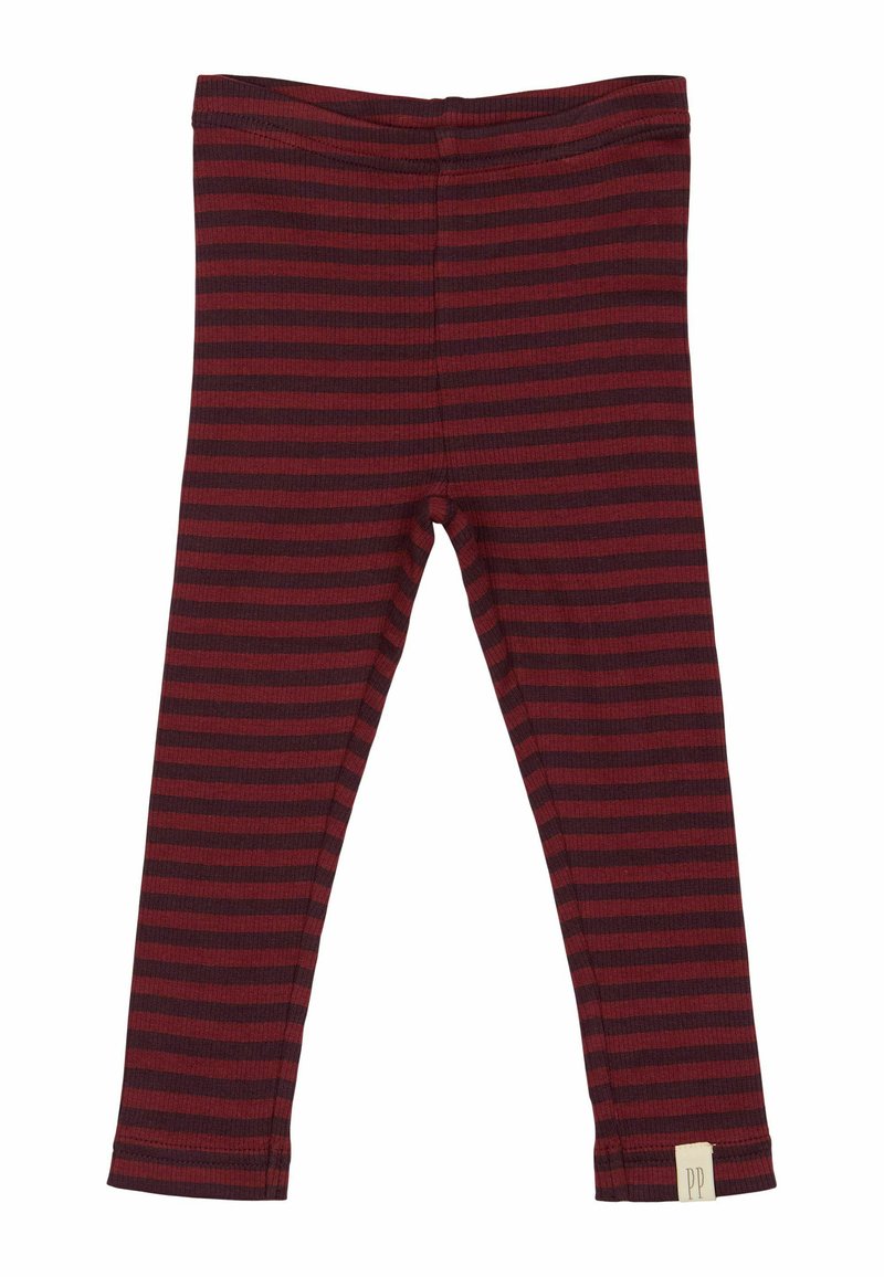 Rode en donkerrode gestreepte leggings met een elastische tailleband, gemaakt van ribstof. Bevat een klein merklabel bij de zoom.