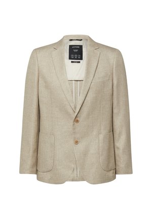 Hellbeiger Herrenblazer mit zwei braunen Knöpfen, Revers mit Kerbe und zwei aufgesetzten Fronttaschen, gezeigt vor weißem Hintergrund.