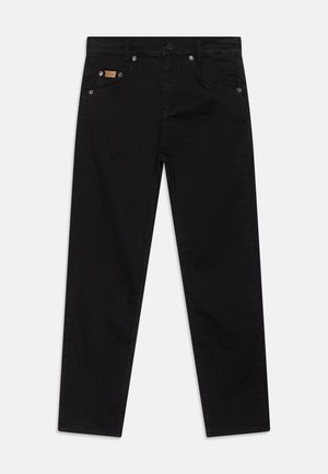 Sorte denimjeans med lige ben, fem lommer, lukning med metalknap og en lille tan etiket på den forreste bånd.