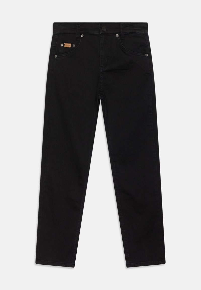 Jean en denim noir avec une coupe droite, cinq poches, fermeture par bouton en métal et une petite étiquette beige sur la ceinture avant.