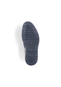 Suola di scarpa in gomma nera con schemi di battistrada testurizzati, caratterizzata da un logo ben visibile. Bordo liscio e design del tacco leggermente rialzato.