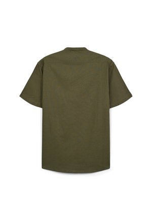 Chemise à manches courtes vert olive avec une coupe droite, une couture en yoke au dos et un ourlet arrondi. Fabriquée dans un tissu à texture lisse. Aucun système de fermeture visible.