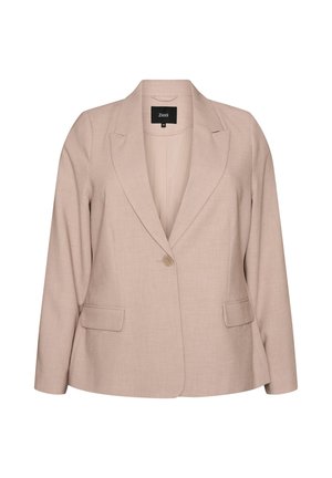 Blazer beige à un bouton avec col à cran, deux poches à rabat, manches longues, et une étiquette intérieure noire indiquant "Zizzi" en taille 48.