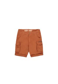 Rust-colored cargo shorts with rolled hems, front pockets, belt loops, and flap pockets on both thighs.