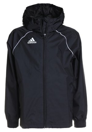 Veste coupe-vent noire avec une fermeture éclair à l'avant, capuche réglable, poignets élastiques et accents blancs avec un logo Adidas sur le côté gauche de la poitrine.